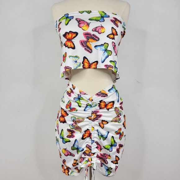 90s Y2K Retro Inspired 2-in-1 White Butterfly Stretchy Top and Skirt - Picture 6 of 7